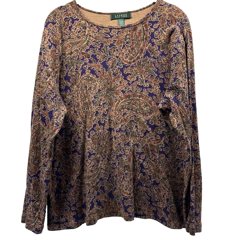 Lauren Ralph Lauren Womens Top 1X Purple Brown Paisley Long Sleeve Cotton Blouse